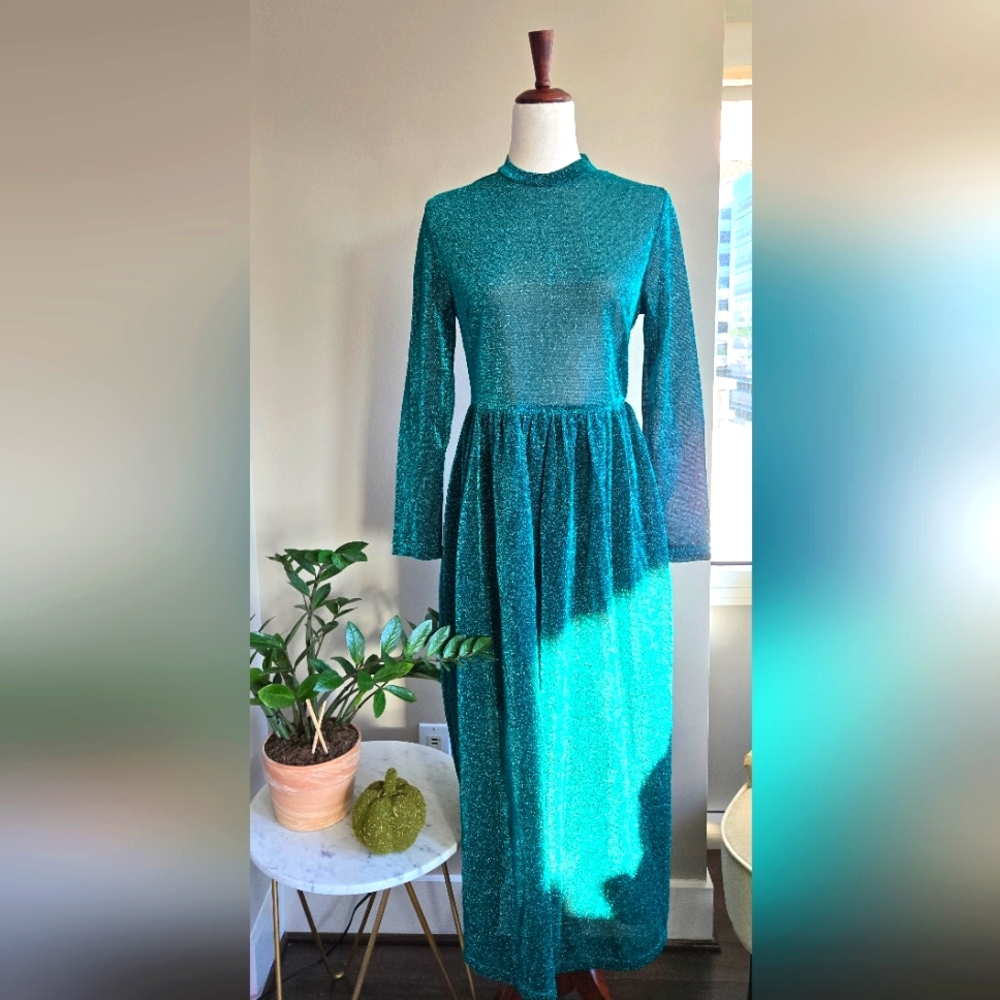 Shein Glitter Mesh Long-Sleeve Midi Dress - Size L